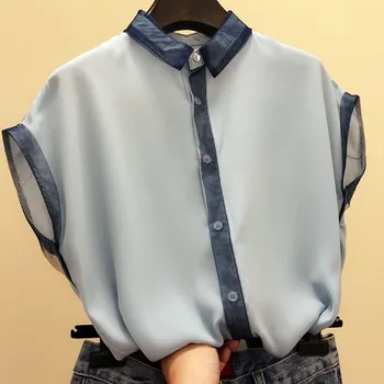 Akių kratinys šifono moterų marškiniai 2020 metų vasaros naują turn-žemyn apykaklės rankovėmis mygtuką slim kieta panele elegantiškas marškinėliai outwear viršūnės