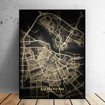 Amsterdamas, Roterdamas, Nyderlandai Juodos ir aukso Drobė Sienos Meno Žemėlapį Plakatas