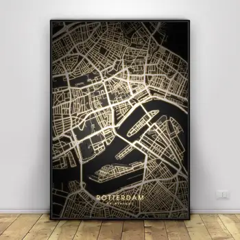 Amsterdamas, Roterdamas, Nyderlandai Juodos ir aukso Drobė Sienos Meno Žemėlapį Plakatas