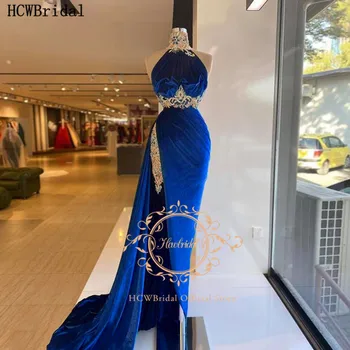 Apsvaiginimo Mėlyna Dubajus Vakarinę Suknelę Aukštos Ritininės Veliūras Išskirtinį Kristalų Ilgai Oficialus Moterų Suknelės, Plius Dydis Suknelės