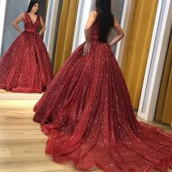 Apsvaiginimo V Kaklo Vyno Raudona Kamuolys Suknelė Prom Dresses 2020 Blizgučiais Sparkle Bling Rankovių Teismas Traukinio Vakare Chalatai Moterims, Elegantiškas