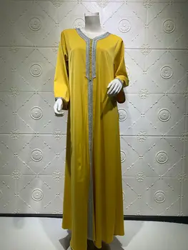 Arabų Suknelės Moterims Musulmonų Abaja Hijab Suknelė Aukso Juostele Kratinys ilgomis Rankovėmis Maxi Suknelė Turkija Isalmic Drabužių Satin