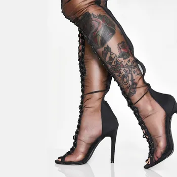 Arden Furtado 2019 m. vasarą adatos (stiletai) peep toe akių batai virš kelio aukšti kulniukai didelis dydis seksualus ponios kryžiaus susieta batai, sandalai