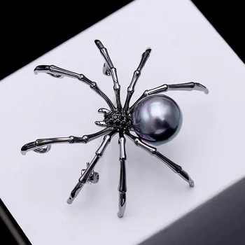 Aukštos kokybės Pearl Black Spider Gyvūnų Sagės Papuošalai, Prabangūs Moterų Mados Kietas Cirkonis Moterų Corsage Kalėdų Priedai