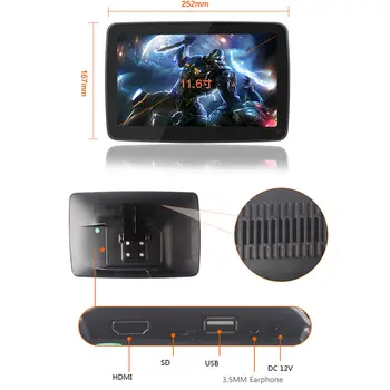 Automobilių Pagalvėlės 11.6 Colio Multimedijos MP4 MP5 Vaizdo Grotuvas HD Ekranas, Plonas Monitorius su USB, SD, HDMI, AV Lizdą ir FM Siųstuvas