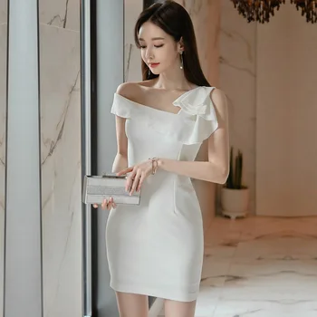 Baltos Seksualus Naktinis Klubas Suknelė 2020 Metų Vasaros Aukšto Juosmens Mini Suknelė Asimetrinė Apykaklės, Dekoratyvinis Raukiniai Šalis Suknelė Moterims