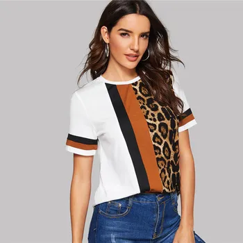 Baltos Spalvos Bloką Cut-ir-Siūti Leopard Skydelis Viršuje Trumpas Rankovės O-Kaklo Atsitiktinis Marškinėliai Moterims 2019 M. Vasaros Laisvalaikio Marškinėlius Viršūnės