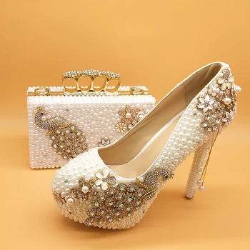 BaoYaFang White pearl Moterų vestuvių batai su atitikimo krepšiai nuotaka aukštakulniai platformos batai Povas Ponios Paty batų ir maišelis