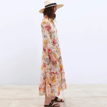BEFORW 2020 Mados Moterų Derliaus Gėlių Spausdinti Atsitiktinis Palaidų Ilga Suknelė Moterų Elegantiškas Aukšto Juosmens Marškinėliai Šifono Suknelė Vestidos