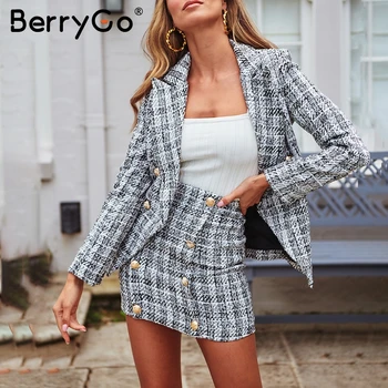 BerryGo Elegantiškas mygtukai tvido pledas sijonas moterims Derliaus straigt rudenį mini sijonas moterų Office ponios žiemą darbo dėvėti sijonus
