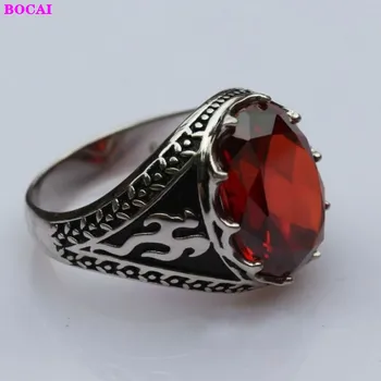 BOCAI S925 sterlingas sidabro vyrų žiedas Naujas mados klasikinio stiliaus ovalo formos Raudonas cirkonis Tailando sidabro asmenybės vyras žiedas