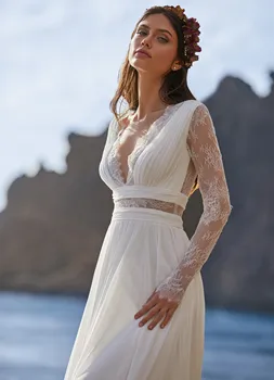 Bohemijos Nėrinių Vestuvių Suknelė iki 2021 m. ilgomis Rankovėmis V-Kaklo, Grindų Ilgio Šifono-Line nėriniai Atgal Vestuvinės Suknelės Su Diržu Moterims