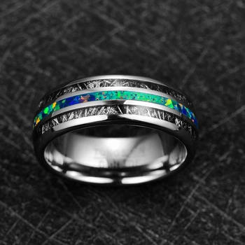 BONLAVIE 2019 8mm Plotis Vyrų Žiedas Vestuvių Juostoje Vestuvinis Žiedas Inkrustacijos Juoda Meteoritas + Green Opal Volframo Karbido Žiedas Papuošalai