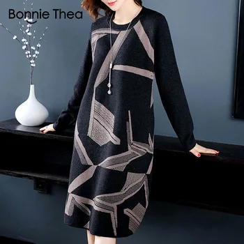 Bonnie Thea moterų žiemos Prarasti plius dydžio Megztinis moteriška suknelė Elegantiška juoda mezgimo šalis dress lady rudens suknelės vestidos