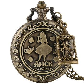 Bronzos Alice In Wonderland Kvarco Kišeninio Laikrodžio su Gražus Aksesuaras Atsitiktinis arabų Numeris Steampunk Laikrodis Karoliai Pakabukas Laikrodžiai