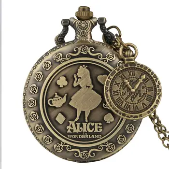 Bronzos Alice In Wonderland Kvarco Kišeninio Laikrodžio su Gražus Aksesuaras Atsitiktinis arabų Numeris Steampunk Laikrodis Karoliai Pakabukas Laikrodžiai