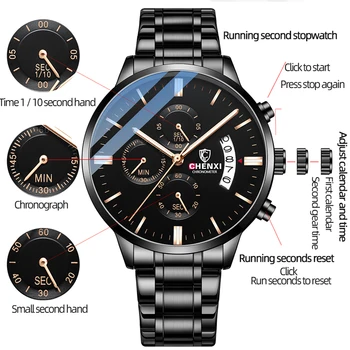 CHENXI vyriški Kvarcas Sporto Chronograph Watches Vandeniui Nerūdijančio Plieno Karinės Žiūrėti Vyrų Viršuje Prabangos Prekės ženklo Naujų Riešo Žiūrėti