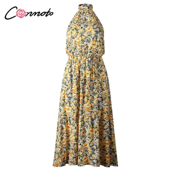 Conmoto backless rankovių atsitiktinis moterų suknelė raukiniai apynasrio lankas plius dydis ilgos suknelės boho gėlių maxi suknelė vestidos