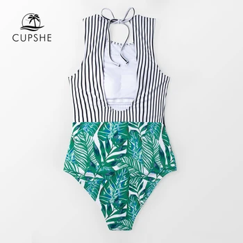 CUPSHE Dryžuota Juoda Ir Žalia Lapų vientisas maudymosi kostiumėlis Moterims Seksualus Išpjovą Monokini Maudymosi Kostiumai 2021 Nauja Mergina, Paplūdimio Rankšluosčiai