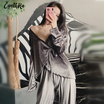 CYNTHRA Sleepwear Moterų Sexy Aukso Aksomo Gilia V Kimono Pižama Rudenį ilgomis Rankovėmis Atsitiktinis Nėrinių Ponios Homewear Pižama Komplektas