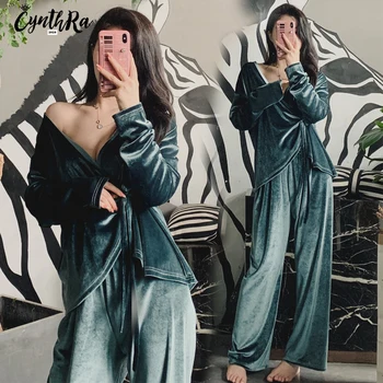 CYNTHRA Sleepwear Moterų Sexy Aukso Aksomo Gilia V Kimono Pižama Rudenį ilgomis Rankovėmis Atsitiktinis Nėrinių Ponios Homewear Pižama Komplektas