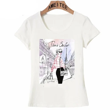 Derliaus Paryžius žiemą gatvės mados mergina T-Shirt Vasaros mielos moterys t-shirt naujovė atsitiktinis ponios Viršūnes hipster cool lady Tees