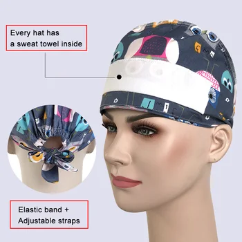 Didmeninė reguliuojamas Mygtukų Šveitimas skrybėlės Kosmetologė animacinių filmų spausdinimo mielas darbas skrybėlės unisex laboratorija spa Kvėpuojantis Krūmynai kepurės