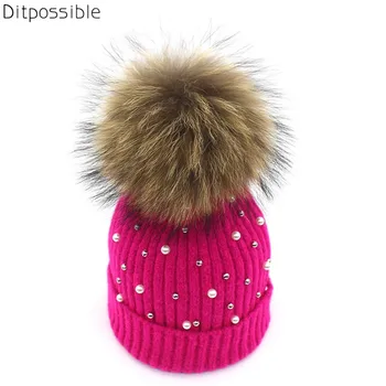 Ditpossible tikro kailio kepurę pompom skrybėlės moterims merginos žiemos beanies skullies bžūp mielas pearl megztos kepurės