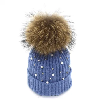 Ditpossible tikro kailio kepurę pompom skrybėlės moterims merginos žiemos beanies skullies bžūp mielas pearl megztos kepurės