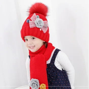 Doit gėlių vaikų žiemos skrybėlę beanies rinkiniai aksomo vilnos vaikų berniukų Megztiniai kailiniai skrybėlės žiemą 2 vnt baby girl šaliko komplektas