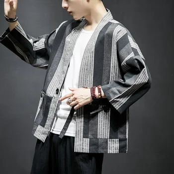 Dryžuotas Kimono Megztinis Vyrams Kailis Japonų Kimono Vyrų Striukė Drabužių Streetwear Mens Kimonos Striukė Vyrams Hip-Hop Yukata KK3196