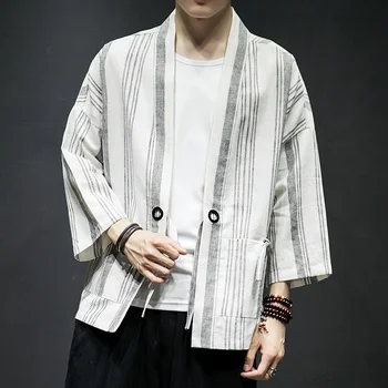 Dryžuotas Kimono Megztinis Vyrams Kailis Japonų Kimono Vyrų Striukė Drabužių Streetwear Mens Kimonos Striukė Vyrams Hip-Hop Yukata KK3196