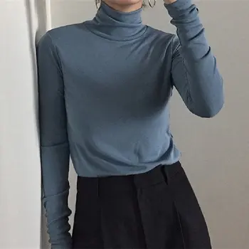 Dugno T-Marškinėliai Moterims 2019 korėjos Ruožas vientisos Spalvos Aukšta Apykakle ilgomis rankovėmis Marškinėliai Mados Temperamentas Slim T-shirt Viršų