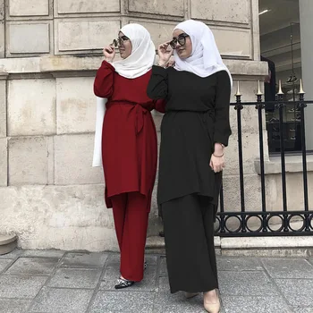 Dviejų dalių viršūnes + kelnės musulmonų rinkiniai, labai geros kokybės, Karšto pardavimo mados paprasta ir šviežių Musulmonų nėrinių suknelė tinka wq2594