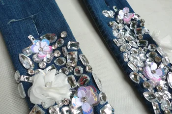 Dydis 25-32!pavasario mados Moterų Prabangūs Deimantų Cirkonio Džinsinio Džinsus Moterims gėlių aplikacija Pieštuku liesas džinsus