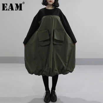 [EAM] Moterų Armijos Žalioji Kišenėje Padalinti Bendrą Nauja Suknelė ilgomis Rankovėmis Apvalios Kaklo Palaidi Tinka Mados Banga Pavasario Rudens 2021 1N585