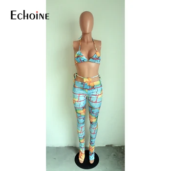 Echoine vasarą tie Dažai Spausdinti Moterys Trijų dalių Kostiumą Liemenėlė, Kelnaitės Top legging poilsiu Paplūdimio Maudyklos Klubas Šalies atitikimo rinkiniai