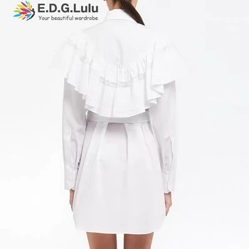 EDGLuLu Nauja Pavasario Vasaros Mados Balti Marškinėliai Suknelė Elegantiškas Biuras Ponios Turn-žemyn Apykaklės ilgomis Rankovėmis Diržo Mini Suknelė 1013