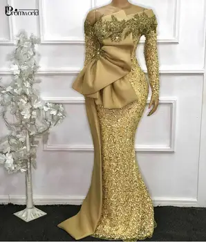 Elegantiškas Afrikos Vakarinės Suknelės 2021 Ilgomis Rankovėmis China Undinė Oficialų Suknelė Aso Ebi Aukso Zawalcowany Prom Chalatai Chalatas De Soiree