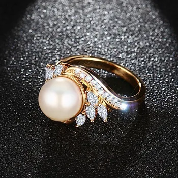 Elegantiškas Imituojamas Pearl Žiedai Moterims, Aukso Spalvos Su AAA+ CZ Stone Vestuvės Vestuvinis Juostos Žiedas Moterų Anel