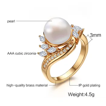 Elegantiškas Imituojamas Pearl Žiedai Moterims, Aukso Spalvos Su AAA+ CZ Stone Vestuvės Vestuvinis Juostos Žiedas Moterų Anel