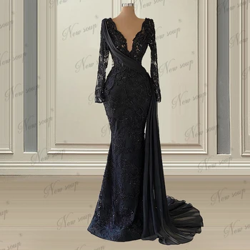 Elegantiško Dizaino, Juodos Spalvos Puošnios Vakarinės Suknelės 2021 Artimuosiuose Rytuose Ilgą Rankovėmis Iliuzija Sławna Dress Prom Vakarėlis Rūbeliai