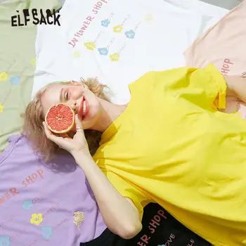 ELFSACK Harajuku Ledų Spalvos Gėlių Spausdinti Atsitiktinis Moterų Negabaritinių Marškinėliai 2020 Metų Vasaros ELF Laišką korėjos Ladeis Kasdien Basic Tee