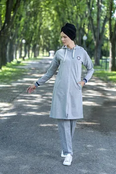 Eofashion Islamo Pilka Visiškai Padengta Medvilnės Sweatsuit Kišenė Su Hijab Su Sportwear Gaubtu Ir Kelnes Platų Dydžio Asortimentą Moterims