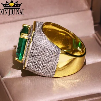 Europos Valstybių perdėti didelės žalios cirkonis Alyvuogių žalia smaragdo 14K aukso visą deimanto žiedas vyrams ir moterims, šaliai, papuošalai, dovana