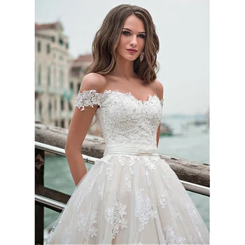 Fantastinis Tiulio A-line Wedding Dresses nuo Peties Nėrinių Appliques Princesė Boho Vestuvių Suknelės Nėriniai Atgal Nuotakos Suknelė