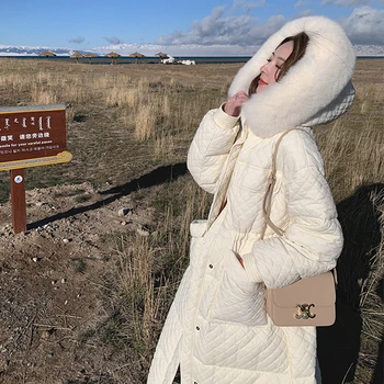 Fitaylor Naujas Žiemos Nekilnojamojo Didelės Gamtos Kailiniai Su Gobtuvu Ilgai Žemyn Striukė Moterims 90% Baltųjų Ančių Pūkais Kailis Purus Storas Šiltas Sniegas Outwear