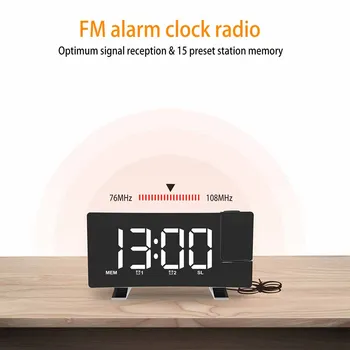 FM Radijo Projection Alarm Clock USB Įkrovimo Lenktas Ekranas Žadintuvas LED Stalinis Elektroninis Skaitmeninis, Šviesos, Miego Laikmatis