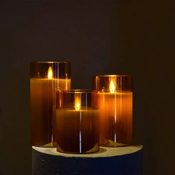 Gintaro spalvos Stiklo LED Flameless Žvakių Mirgėjimas su Nuotoliniu valdymu,baterijomis,Vestuvės,Festivalio Papuošalai,Dovana,3 Paketas