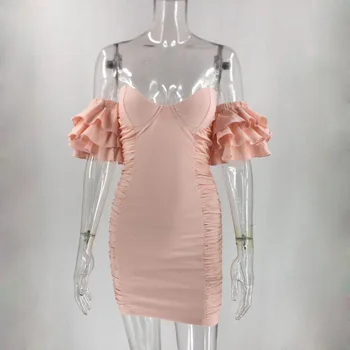 Giyu Seksualus Klubo Šalis Suknelė Moterims Vasaros Raukiniai Sleeve Ruched Bodycon Mini Suknelės Elegantiškas Off Peties Backless Kietas Vestidos